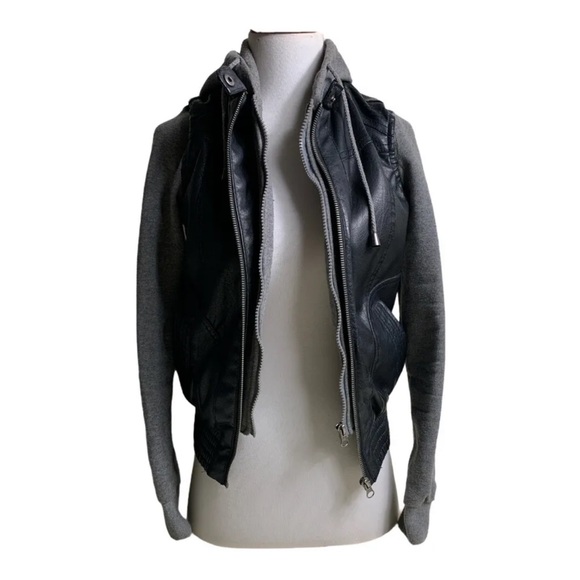 Womens Vegan Faux Leather Jacket Small Miss London Zip Up Hoodie Black/Gray - Picture 3 of 12